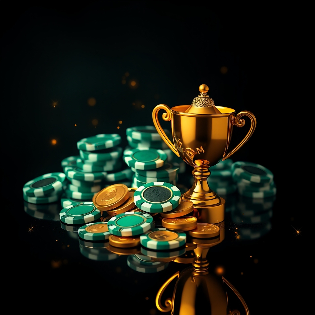Glowing casino chips, gold coins and a trophy representing Yono Games rewards